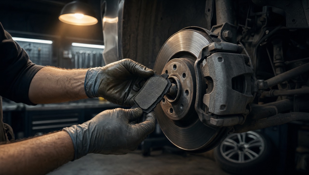 Brake pads and rotor being inspected